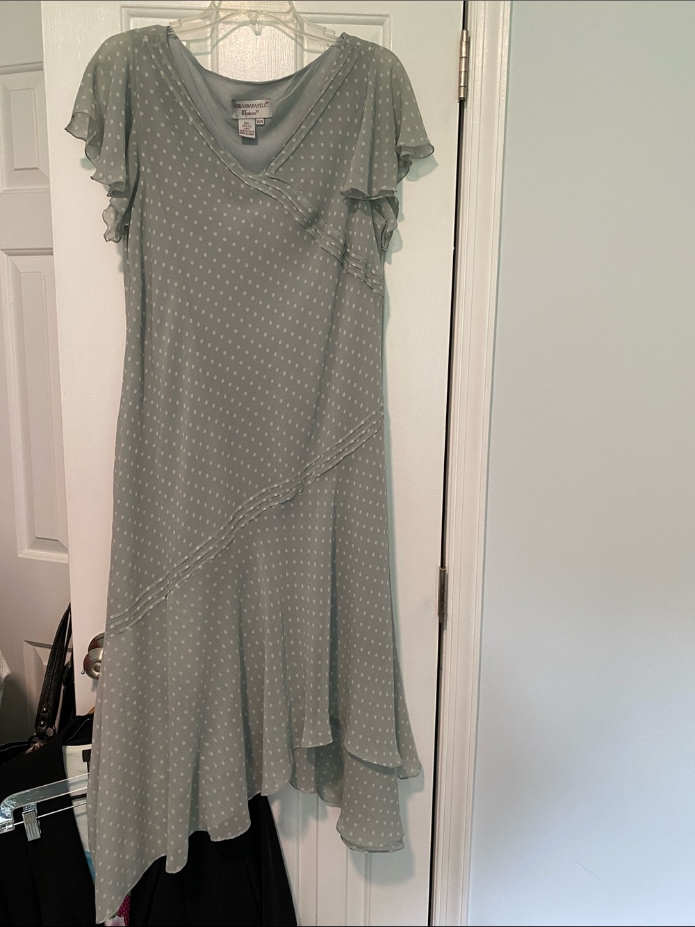 Adrianna Papell Sage Blue-Green Polka Dot Asymmetrical Ruffle Dress